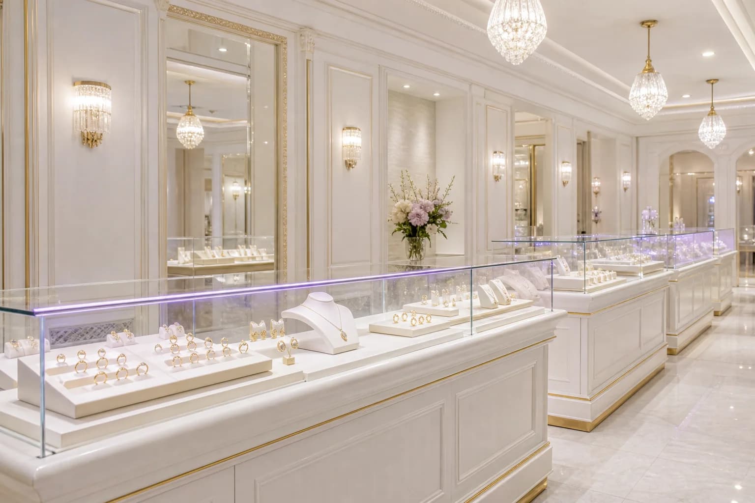 Recorrido ilustrativo por el interior blanco de una joyería con luz blanca